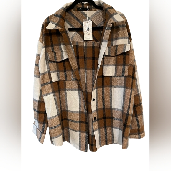 automet Tops - Automet neutral plaid flannel shacket sz XL NWT